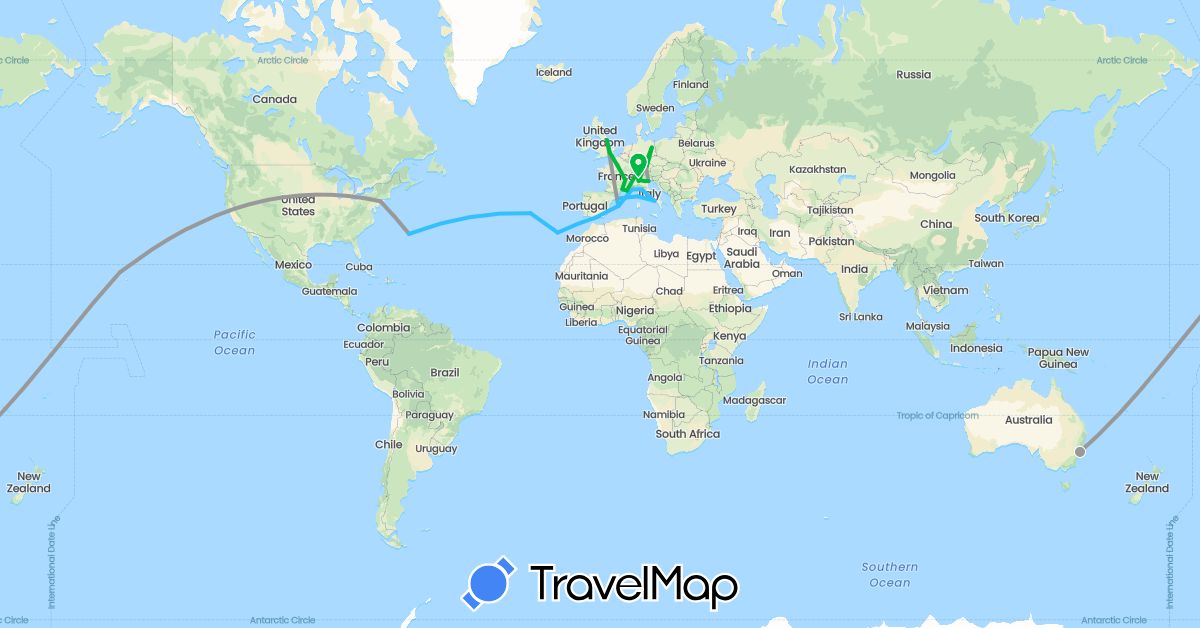 TravelMap itinerary: driving, bus, plane, boat in Australia, Bermuda, Switzerland, Czech Republic, Germany, Spain, France, United Kingdom, Italy, Portugal, United States (Europe, North America, Oceania)